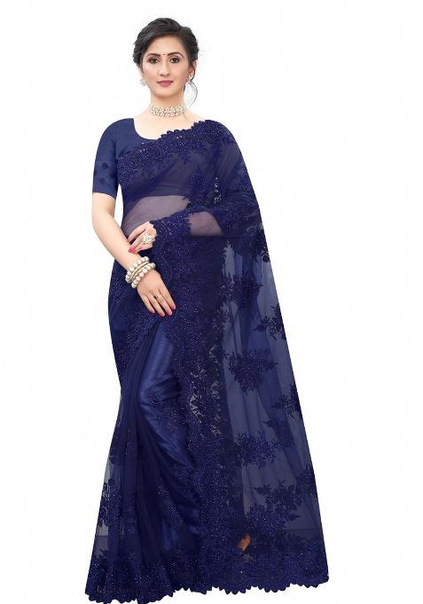 Navy Blue Embroidery Net Saree Set