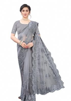 Grey Embroidery Net Saree Set