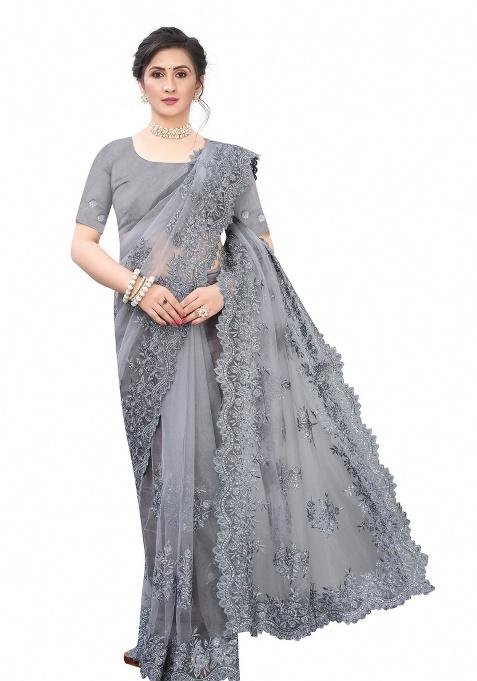 Grey Embroidery Net Saree Set