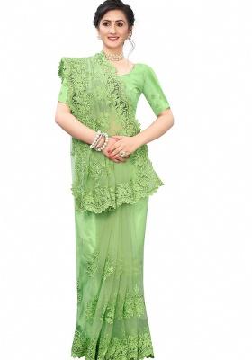 Perrot Green Embroidery Net Saree Set