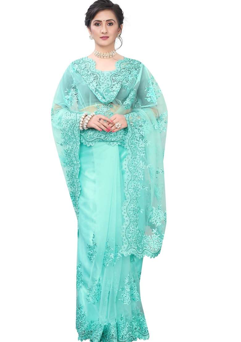 Sky Blue Embroidery Net Saree Set for Diwali and Festive Wear - Indya