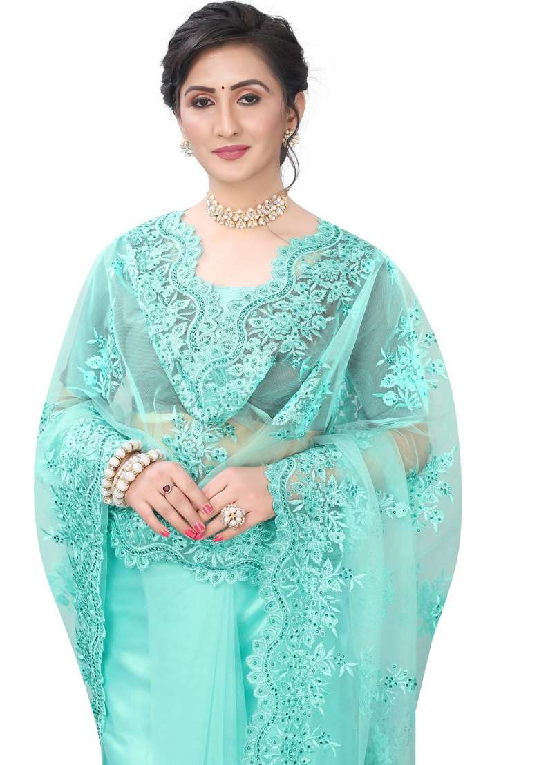 Sky Blue Embroidery Net Saree Set for Diwali and Festive Wear - Indya