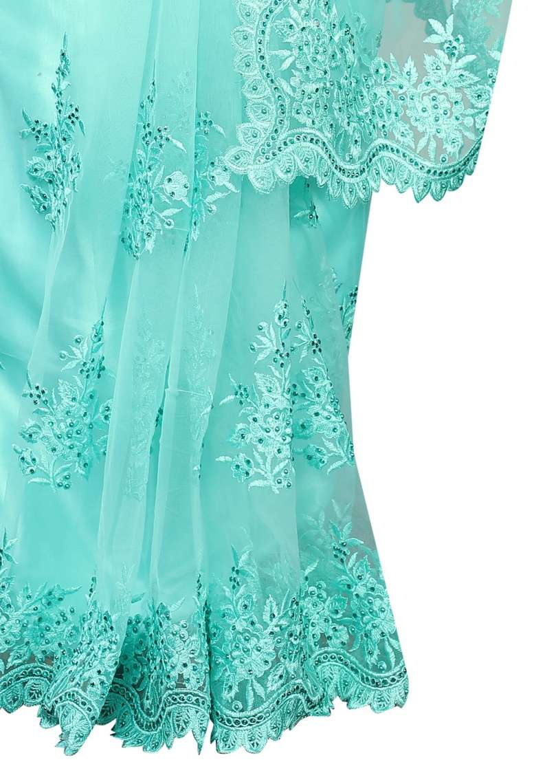 Sky Blue Embroidery Net Saree Set for Diwali and Festive Wear - Indya