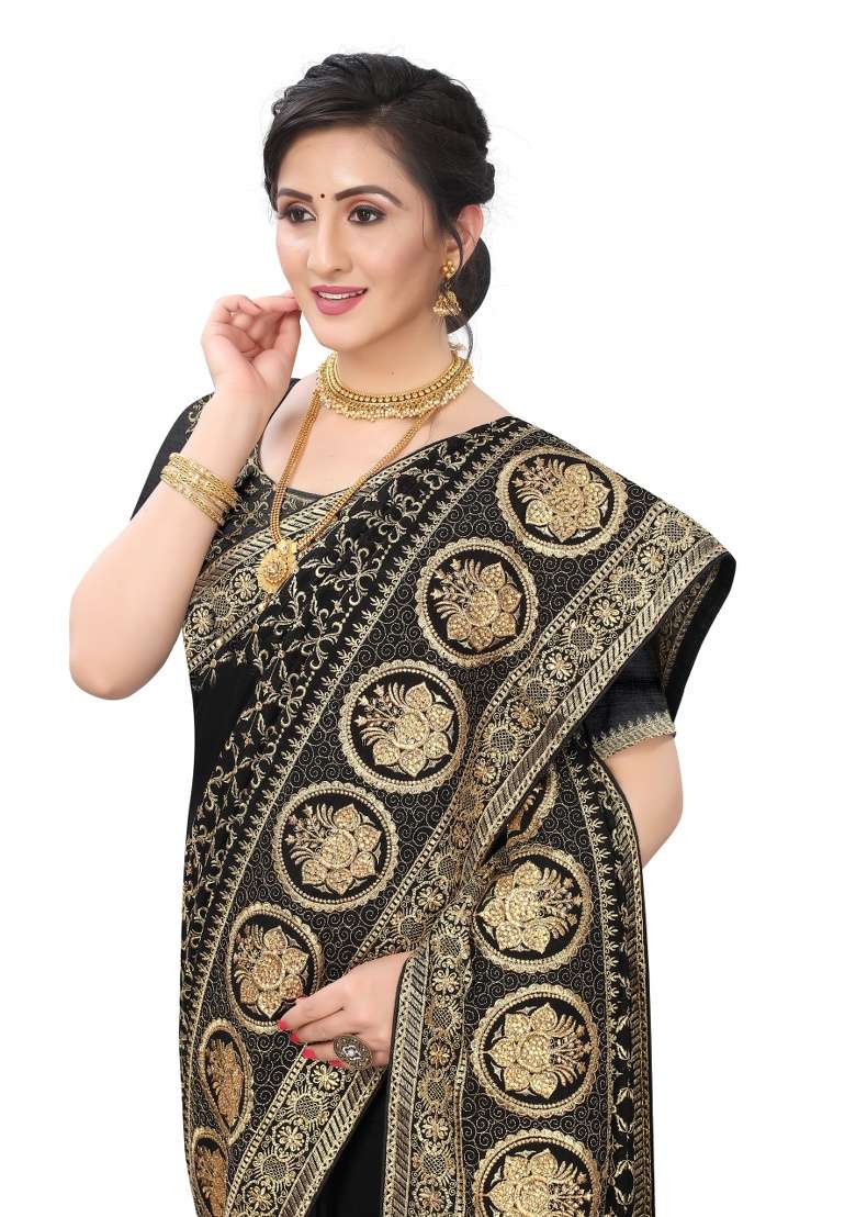 Black Embroidery Silk Blend Saree Set for Diwali and Festive Wear - Indya