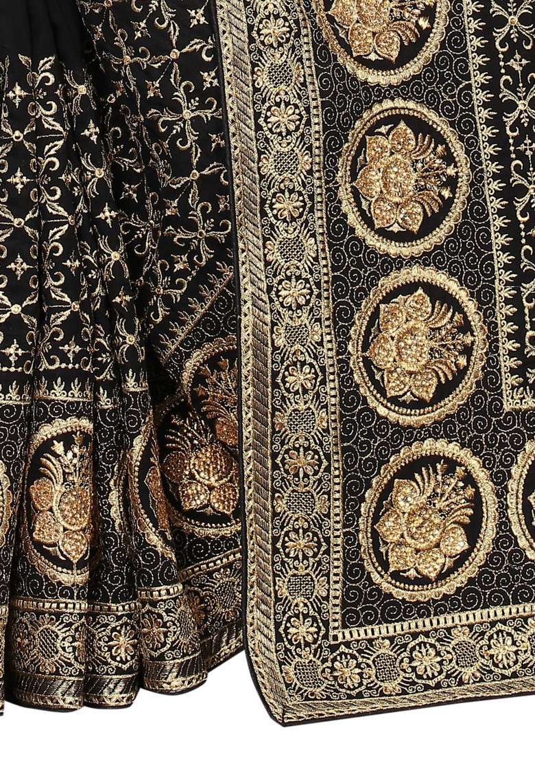 Black Embroidery Silk Blend Saree Set for Diwali and Festive Wear - Indya