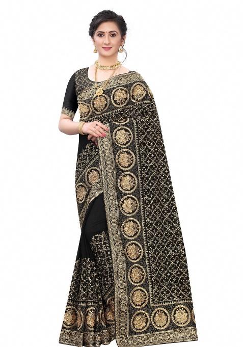 Black Embroidery Silk Saree Set