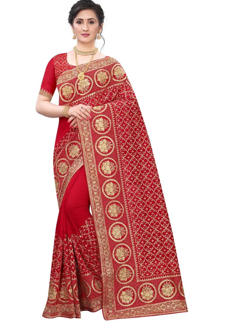 Red Embroidery Silk Blend Saree Set for Diwali and Festive Wear - Indya