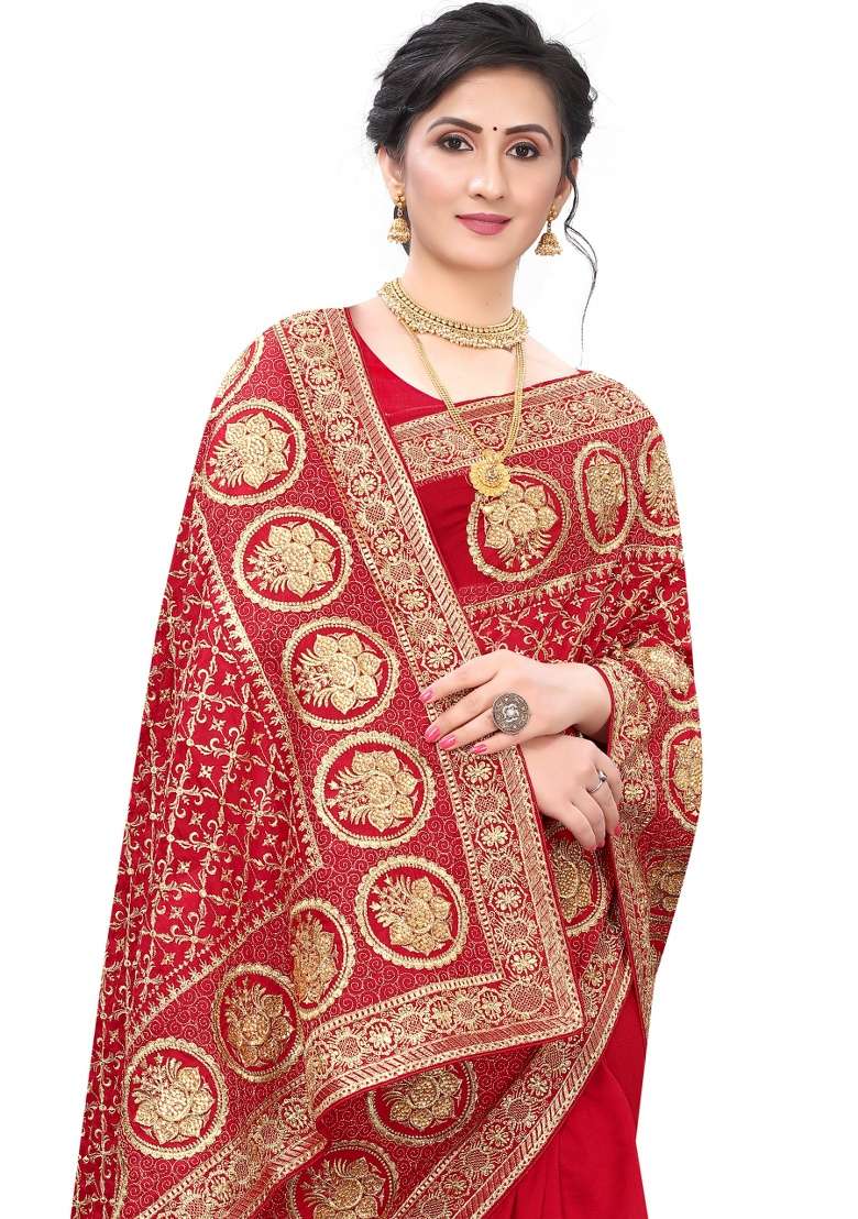 Red Embroidery Silk Blend Saree Set for Diwali and Festive Wear - Indya