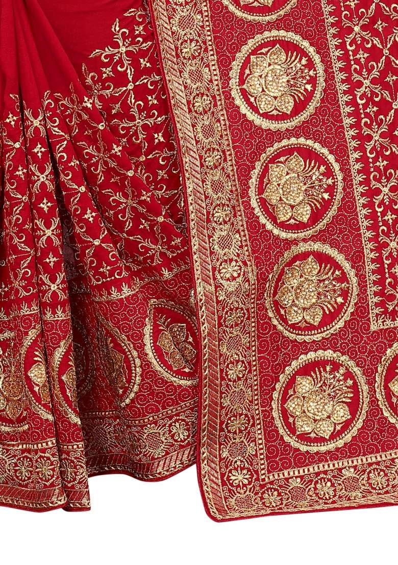 Red Embroidery Silk Blend Saree Set for Diwali and Festive Wear - Indya