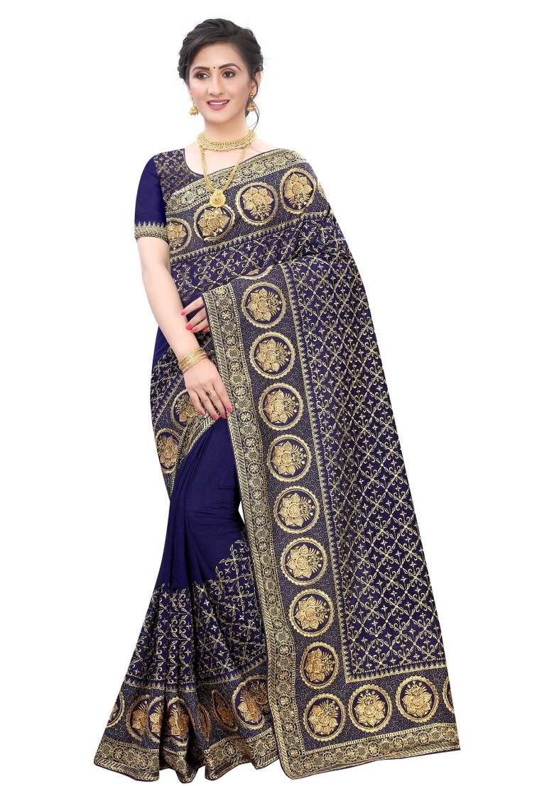 Navy Blue Embroidery Silk Blend Saree Set for Diwali and Festive Wear - Indya