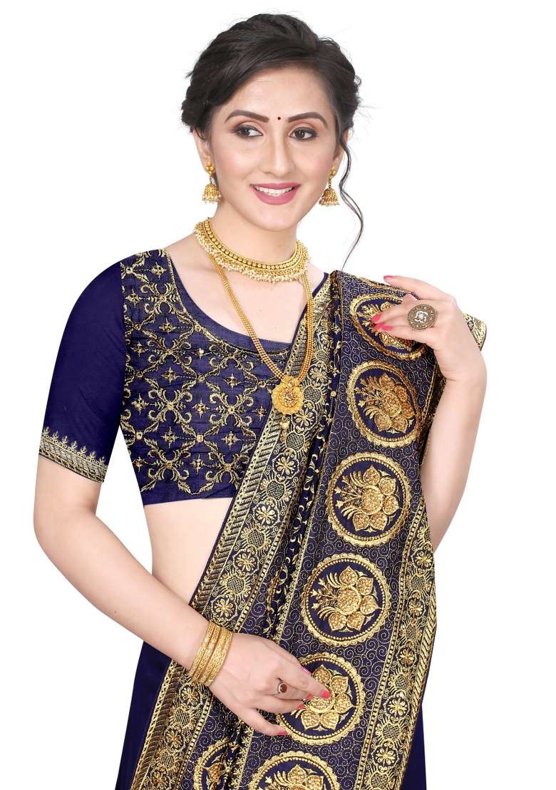 Navy Blue Embroidery Silk Blend Saree Set for Diwali and Festive Wear - Indya
