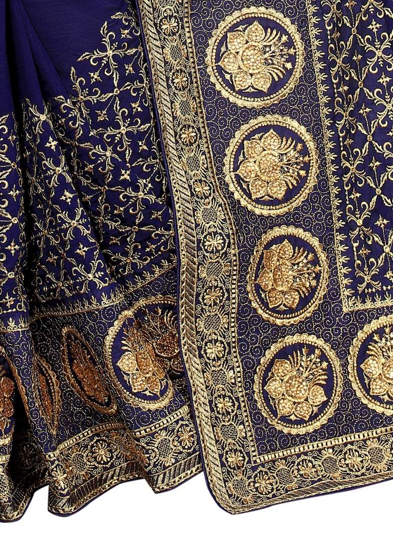 Navy Blue Embroidery Silk Blend Saree Set for Diwali and Festive Wear - Indya