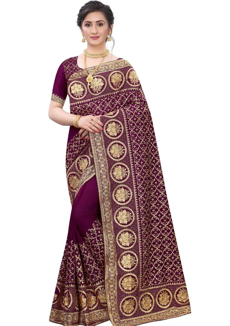 Wine Embroidery Silk Saree Set - Indya