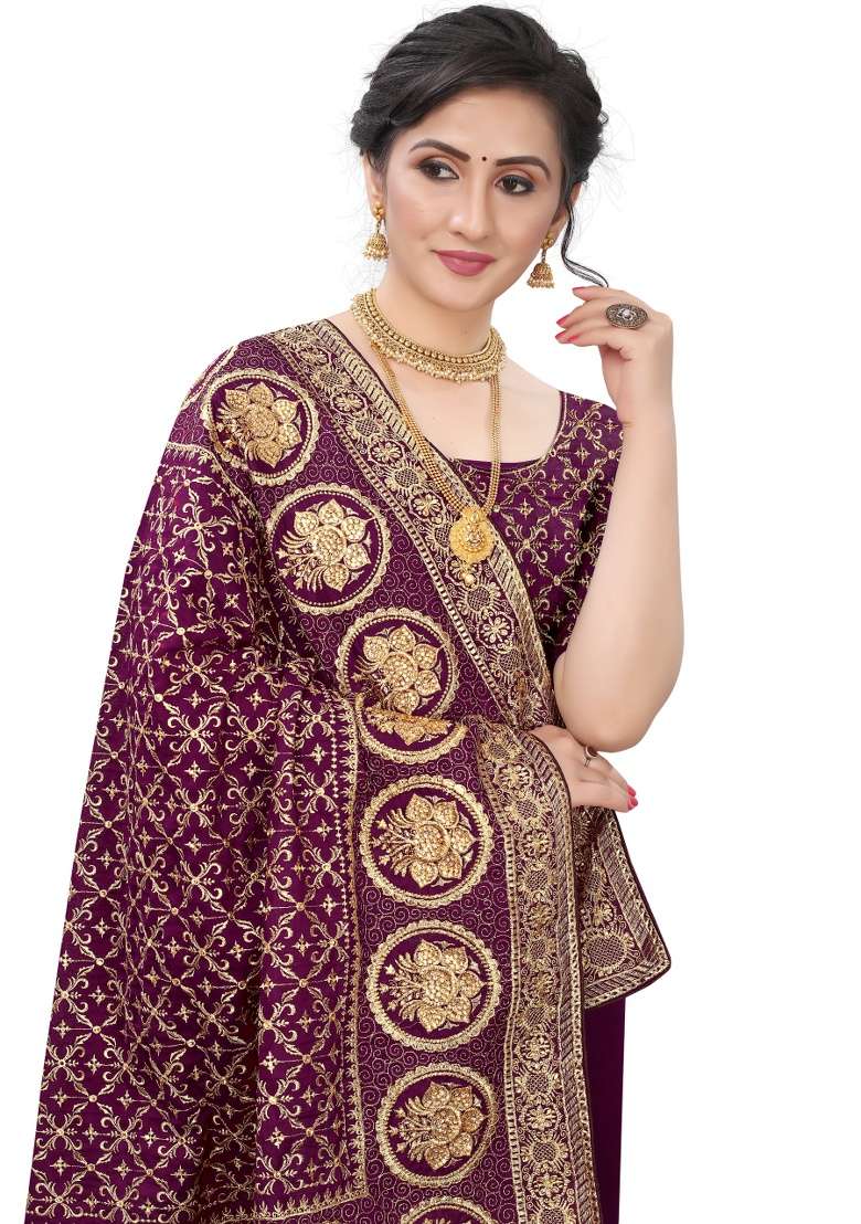 Wine Embroidery Silk Saree Set - Indya