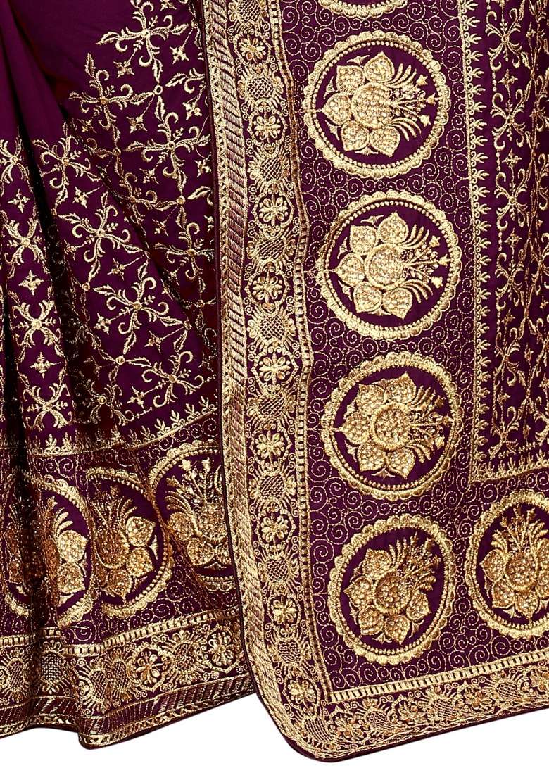 Wine Embroidery Silk Saree Set - Indya