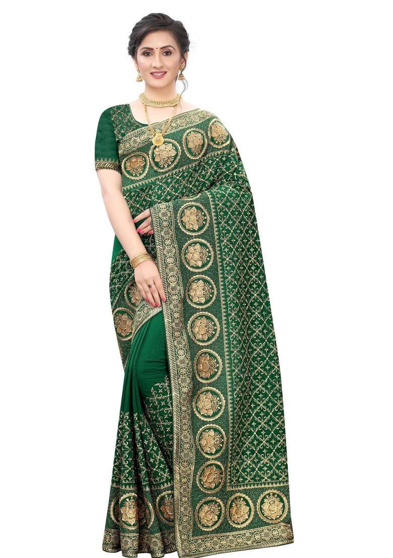 Bottle Green Embroidery Silk Blend Saree Set for Diwali and Festive Wear - Indya