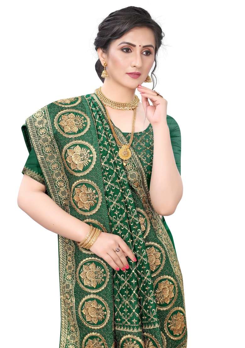 Bottle Green Embroidery Silk Blend Saree Set for Diwali and Festive Wear - Indya