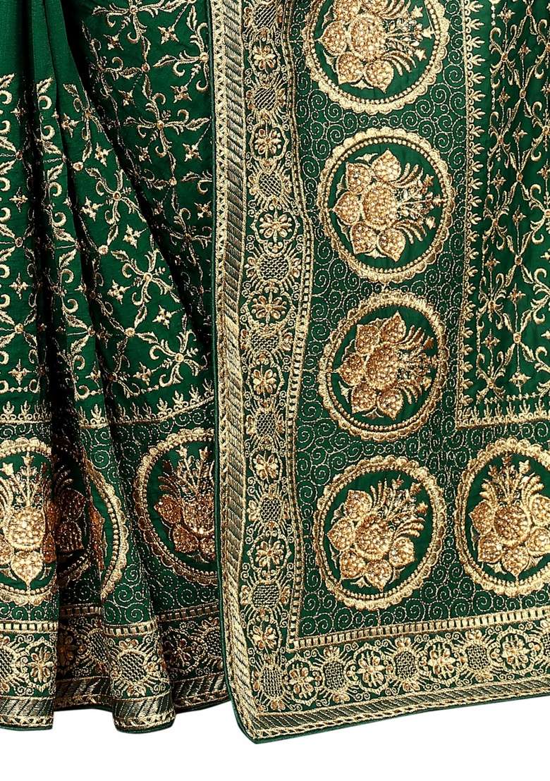 Bottle Green Embroidery Silk Blend Saree Set for Diwali and Festive Wear - Indya