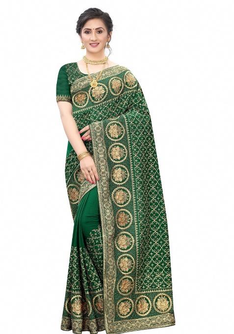 Bottle Green Embroidery Silk Saree Set
