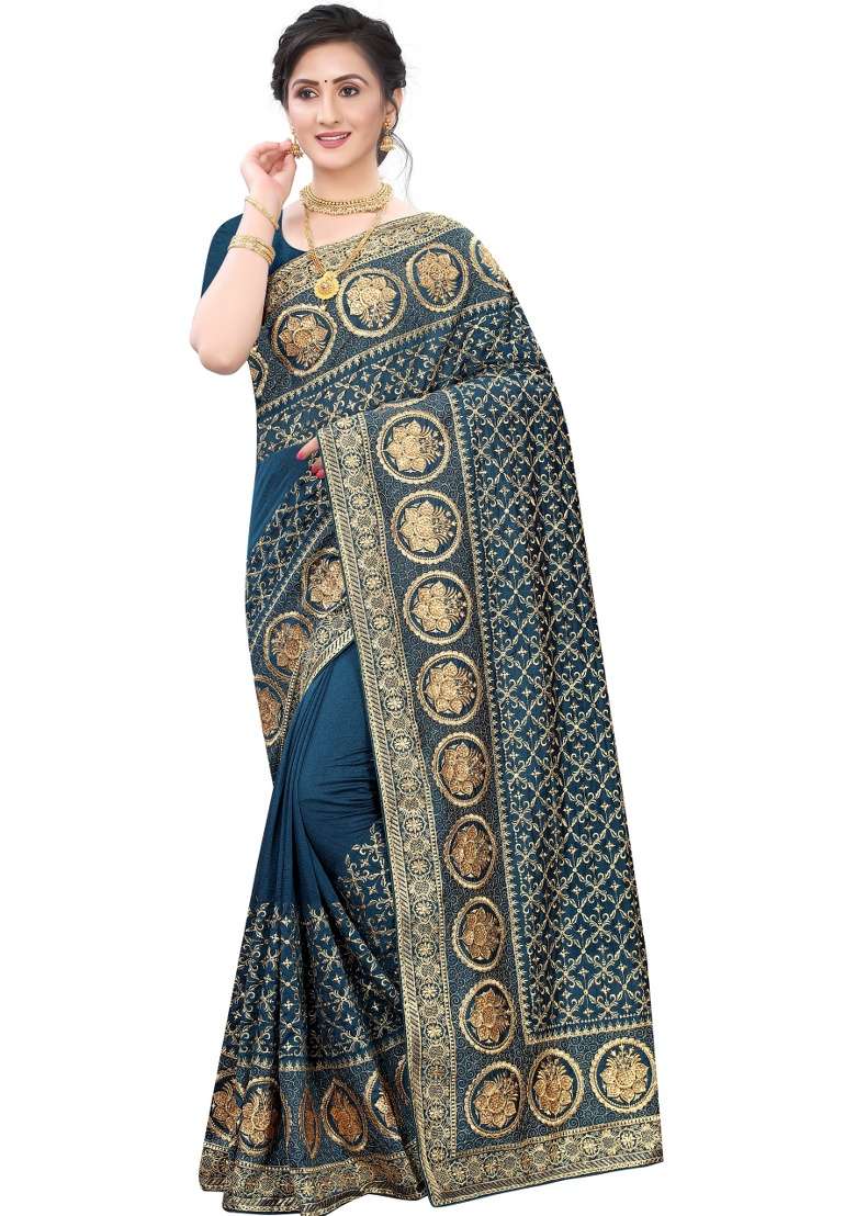 Morpeach Silk Blend Saree Set with Embroidery for Diwali | Wedding & Festive Wear - Indya