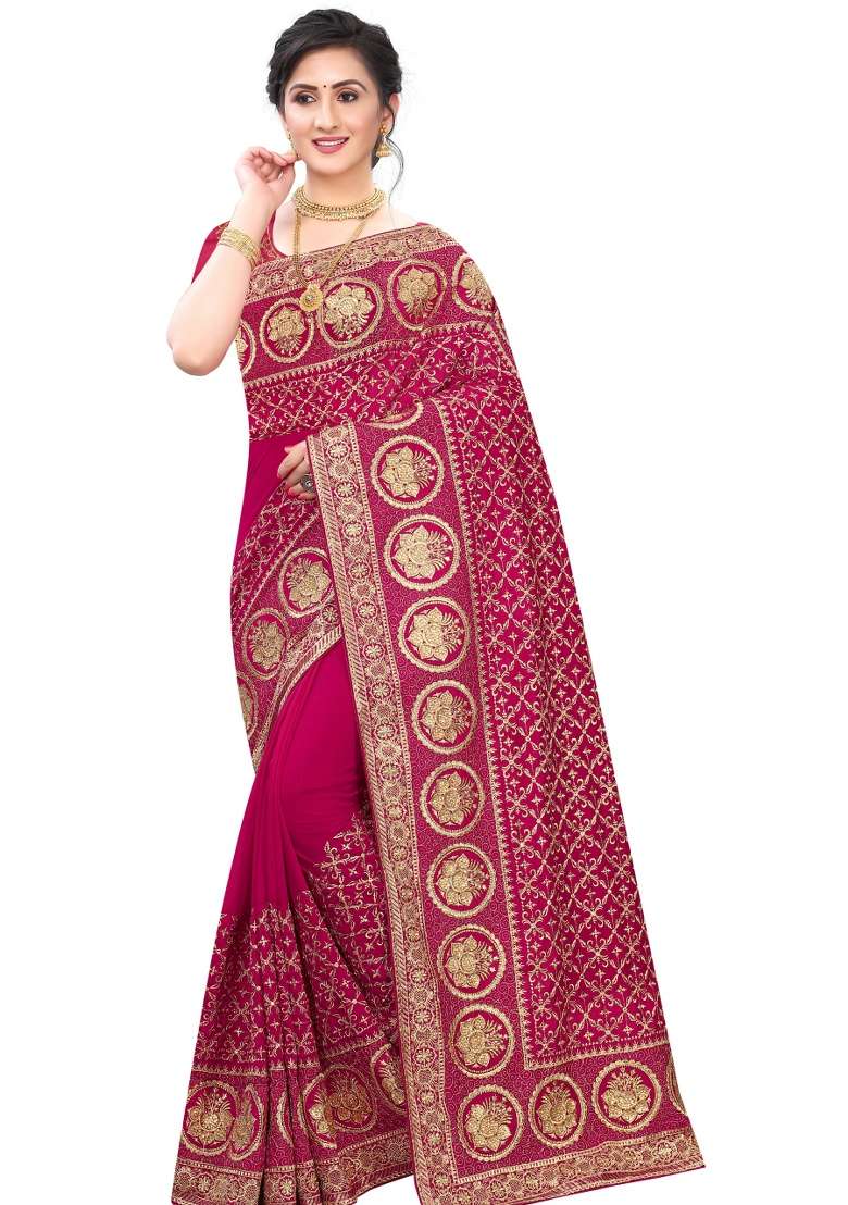 Rani Pink Silk Blend Saree Set with Embroidery for Diwali | Wedding & Festive Wear - Indya