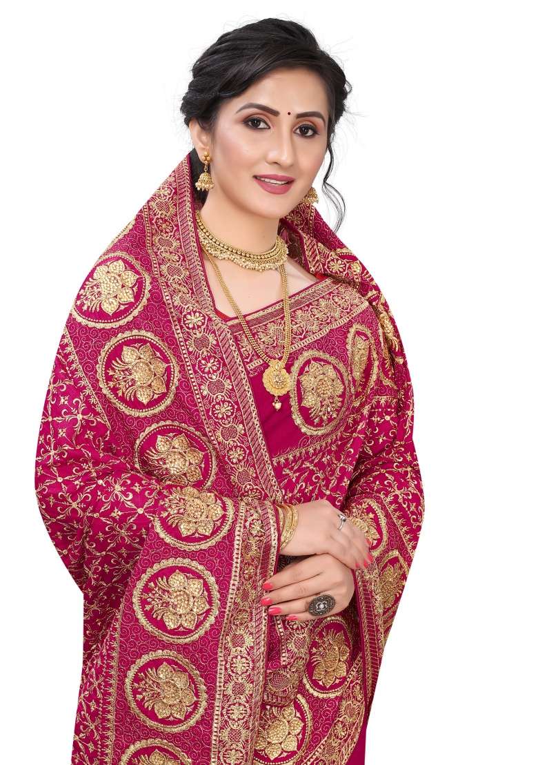 Rani Pink Silk Blend Saree Set with Embroidery for Diwali | Wedding & Festive Wear - Indya