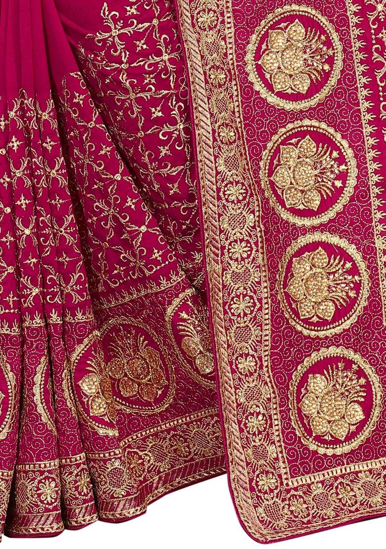 Rani Pink Silk Blend Saree Set with Embroidery for Diwali | Wedding & Festive Wear - Indya