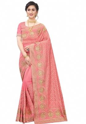 Peach Embroidery Silk Saree Set