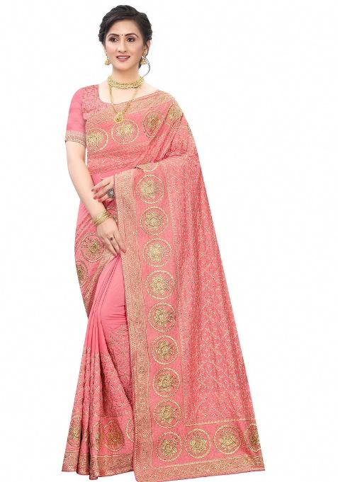 Peach Embroidery Silk Saree Set