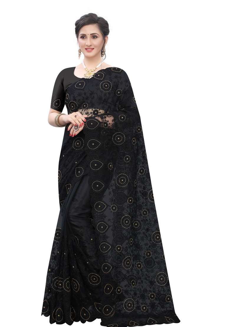 Black Embroidery Net Saree Set for Diwali and Festive Wear - Indya
