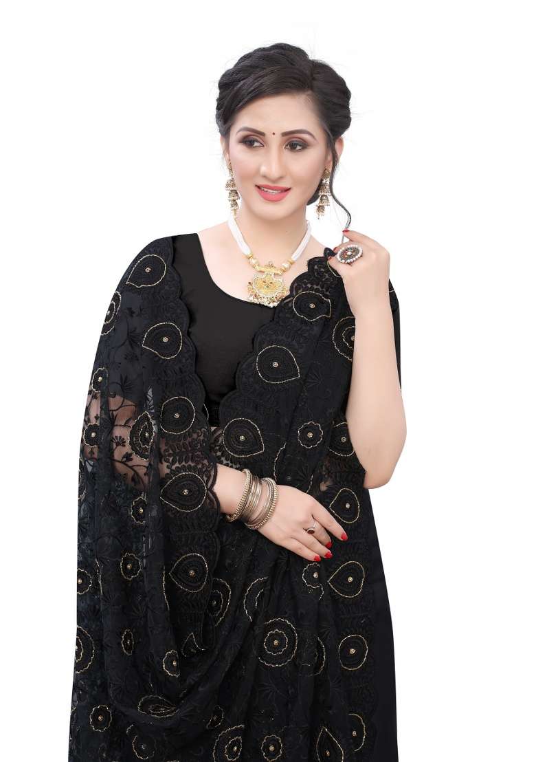 Black Embroidery Net Saree Set for Diwali and Festive Wear - Indya
