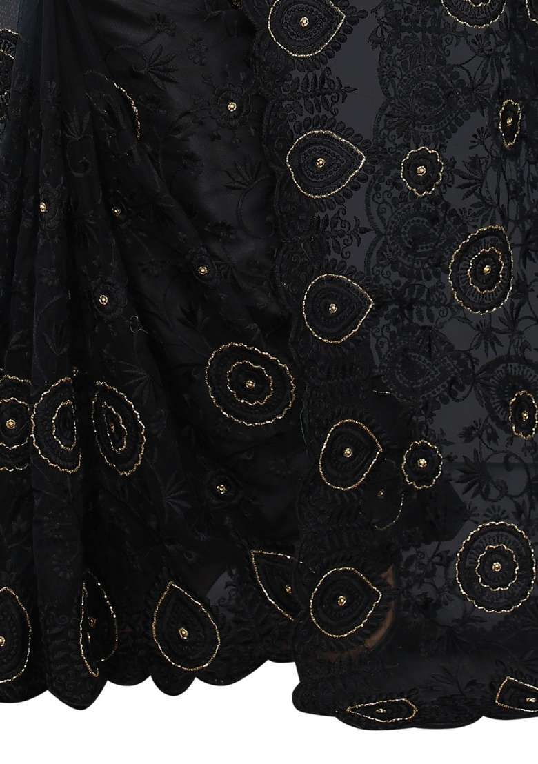 Black Embroidery Net Saree Set for Diwali and Festive Wear - Indya