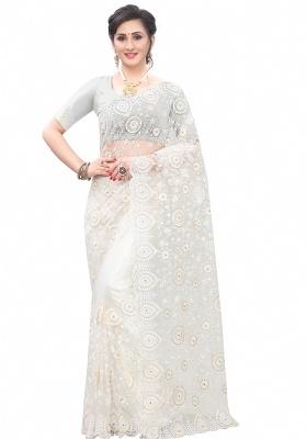 White Embroidery Net Saree Set