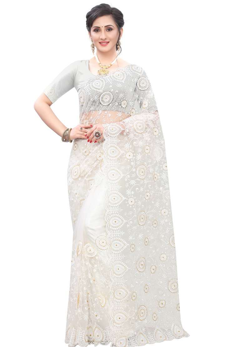 White Embroidery Net Saree Set for Diwali and Festive Wear - Indya