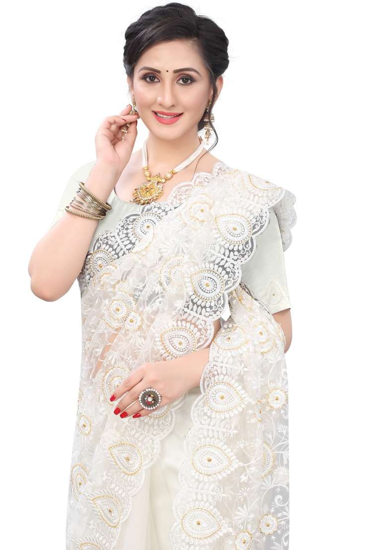 White Embroidery Net Saree Set for Diwali and Festive Wear - Indya