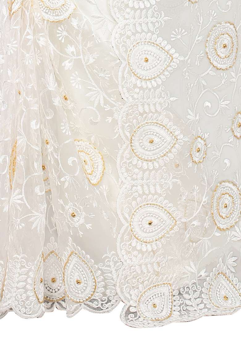 White Embroidery Net Saree Set for Diwali and Festive Wear - Indya