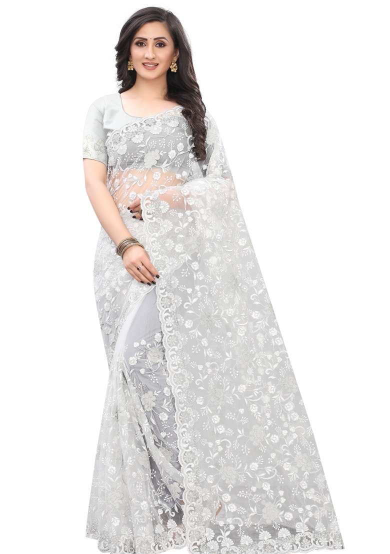 White Embroidery Net Saree Set for Diwali and Festive Wear - Indya