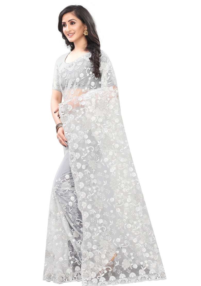 White Embroidery Net Saree Set for Diwali and Festive Wear - Indya