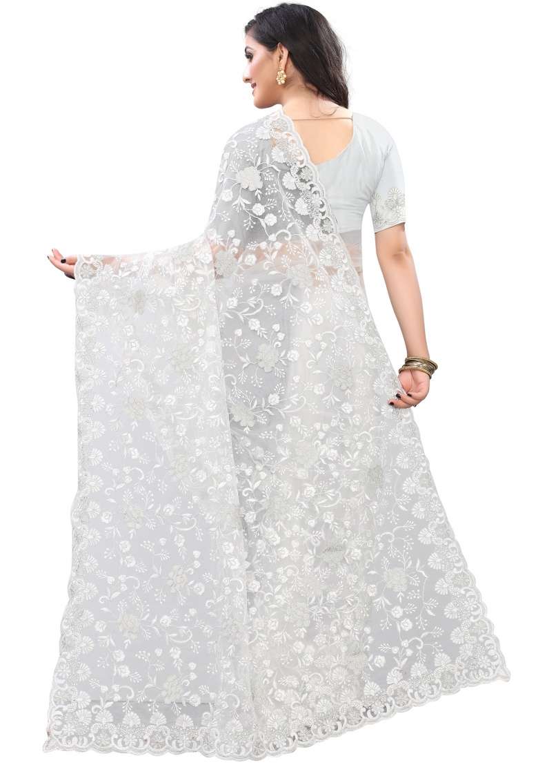 White Embroidery Net Saree Set for Diwali and Festive Wear - Indya