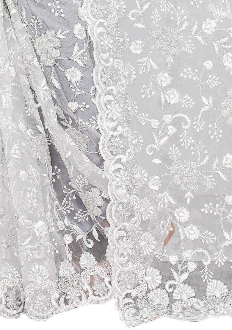 White Embroidery Net Saree Set for Diwali and Festive Wear - Indya