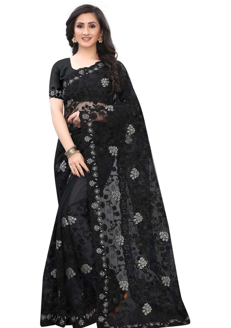 Black Embroidery Net Saree Set for Diwali and Festive Wear - Indya