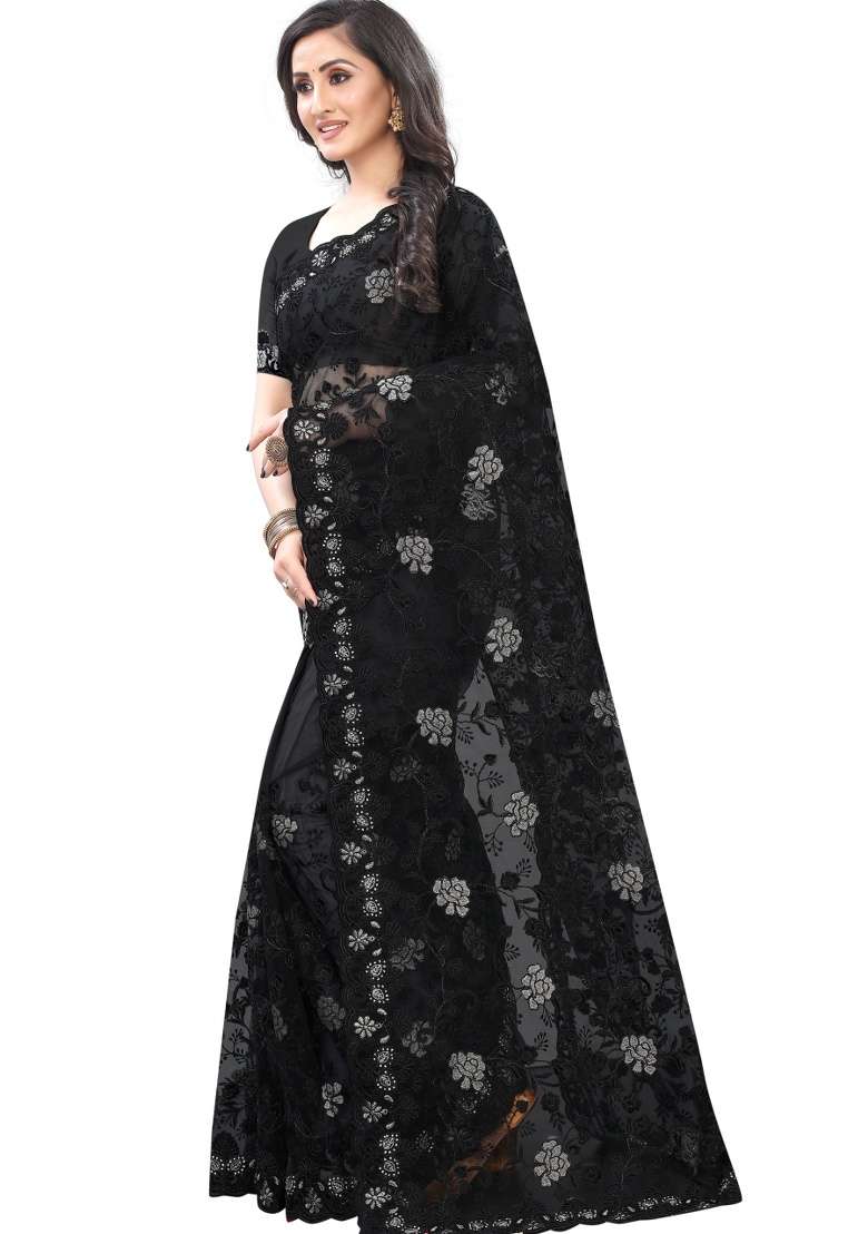 Black Embroidery Net Saree Set for Diwali and Festive Wear - Indya