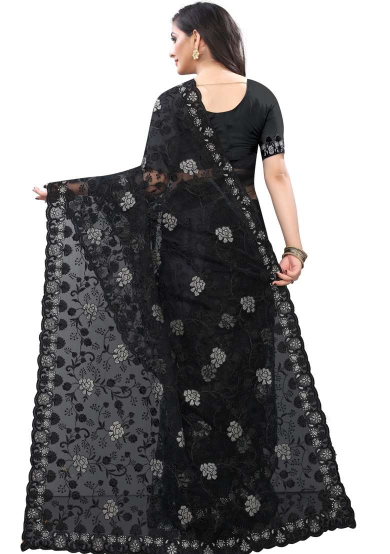 Black Embroidery Net Saree Set for Diwali and Festive Wear - Indya