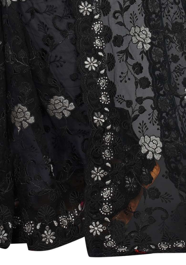 Black Embroidery Net Saree Set for Diwali and Festive Wear - Indya