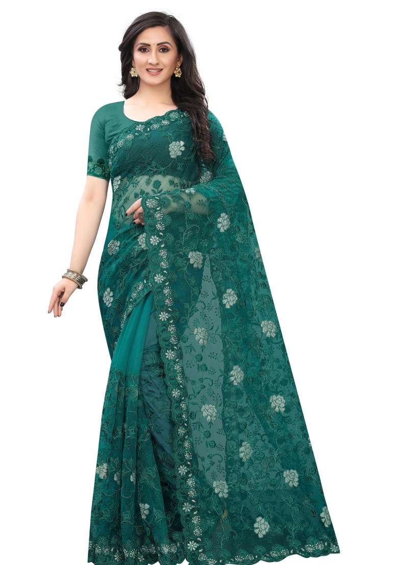 Rama Net Saree Set with Embroidery for Diwali | Wedding & Festive Wear - Indya
