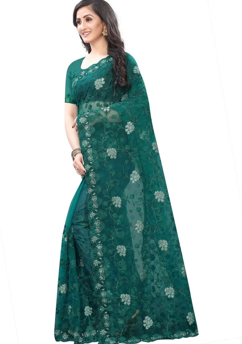 Rama Net Saree Set with Embroidery for Diwali | Wedding & Festive Wear - Indya