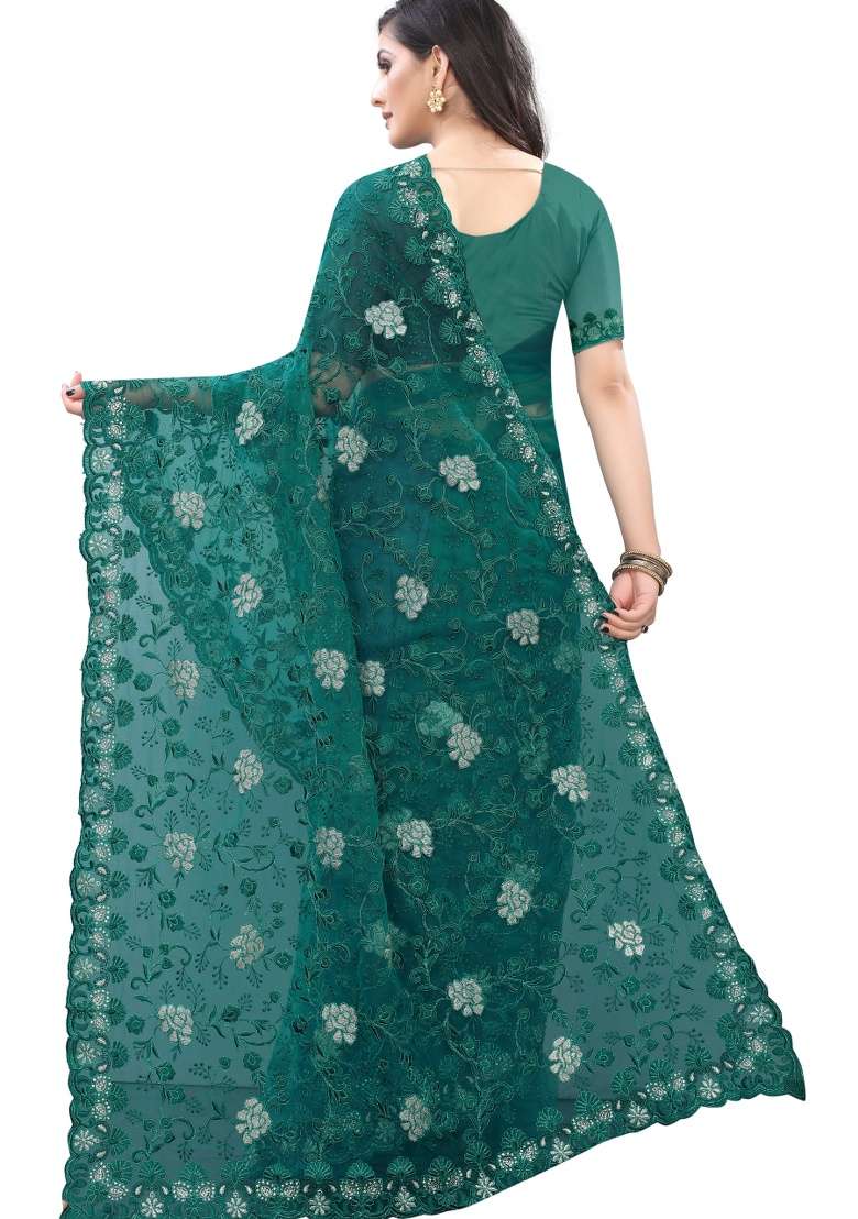 Rama Net Saree Set with Embroidery for Diwali | Wedding & Festive Wear - Indya