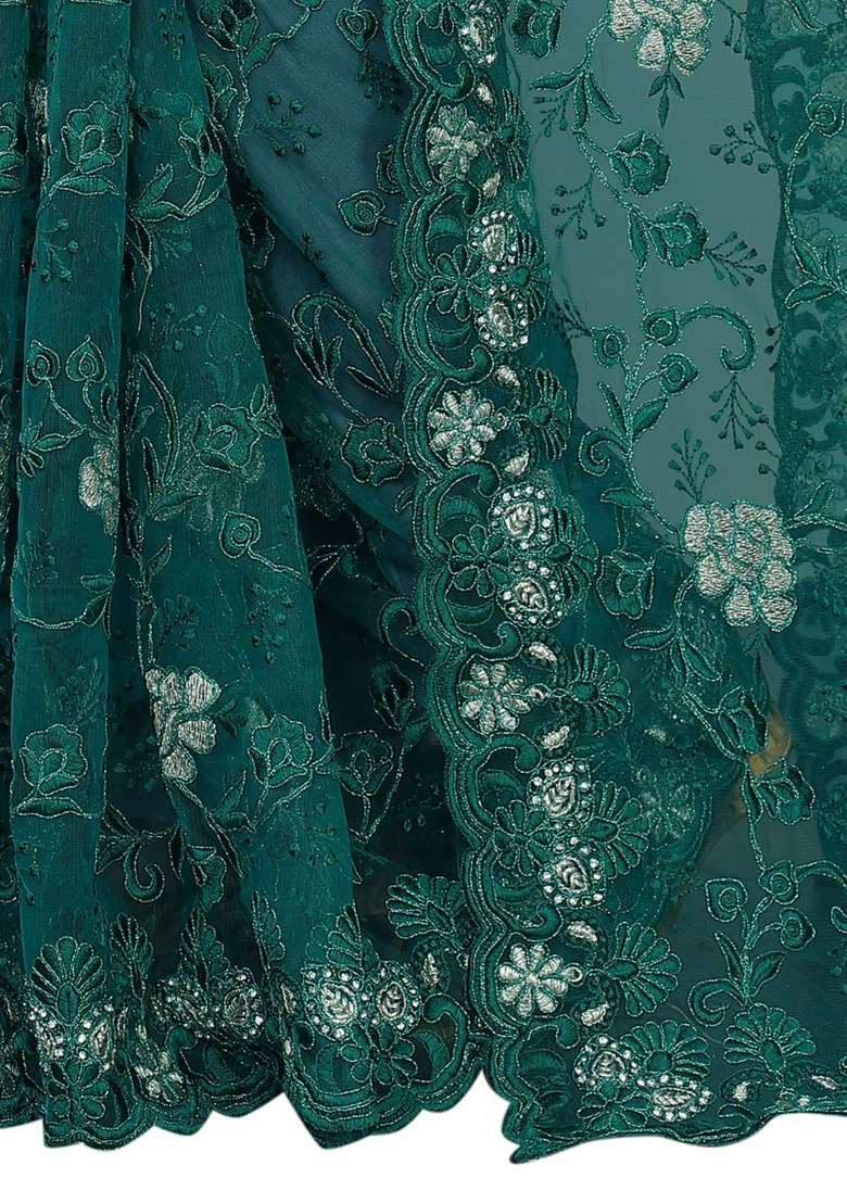 Rama Net Saree Set with Embroidery for Diwali | Wedding & Festive Wear - Indya