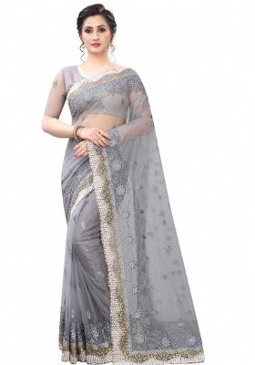 Grey Embroidery Net Saree Set