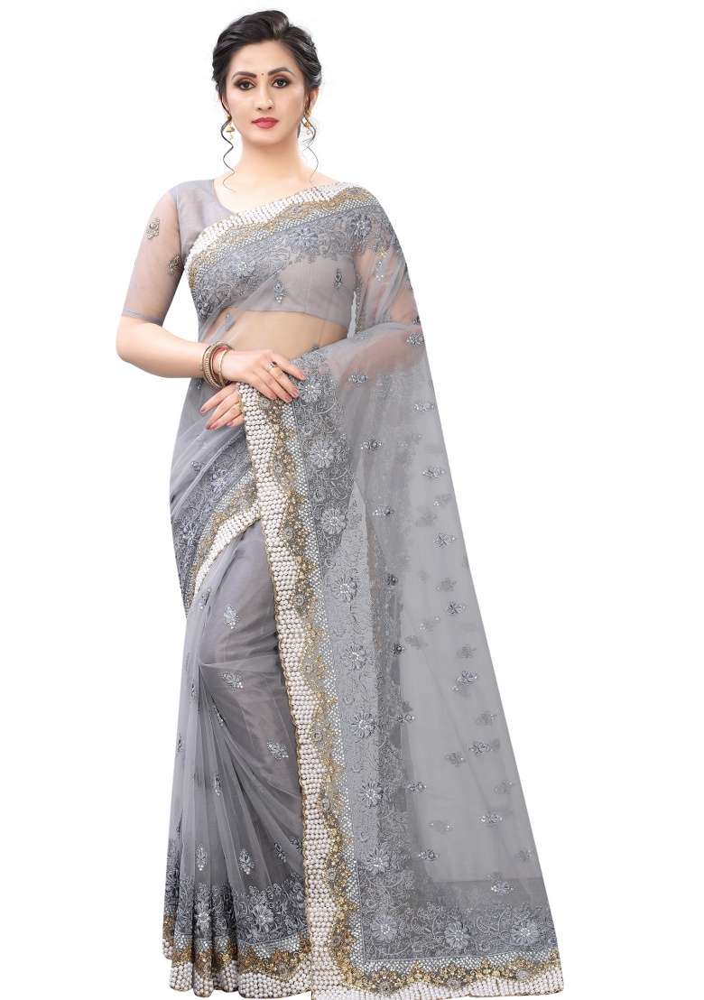 Grey Embroidery Net Saree Set for Diwali and Festive Wear - Indya